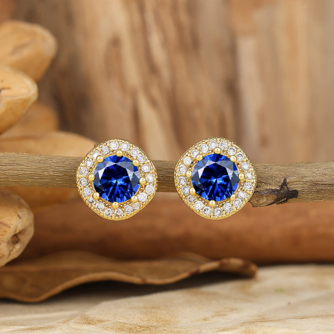 6mm Blue Sapphire Halo Stud Earrings Floral Bloom 14K Solid Gold Earrings For Her -  Esdomera.com