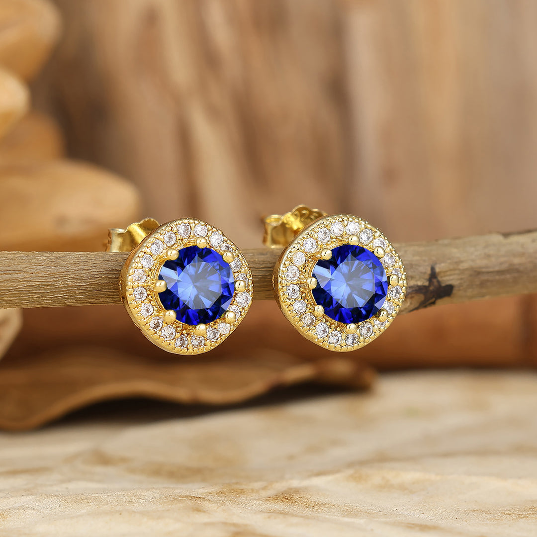 6mm Blue Sapphire Halo Stud Earrings Floral Bloom 14K Solid Gold Earrings For Her -  Esdomera.com