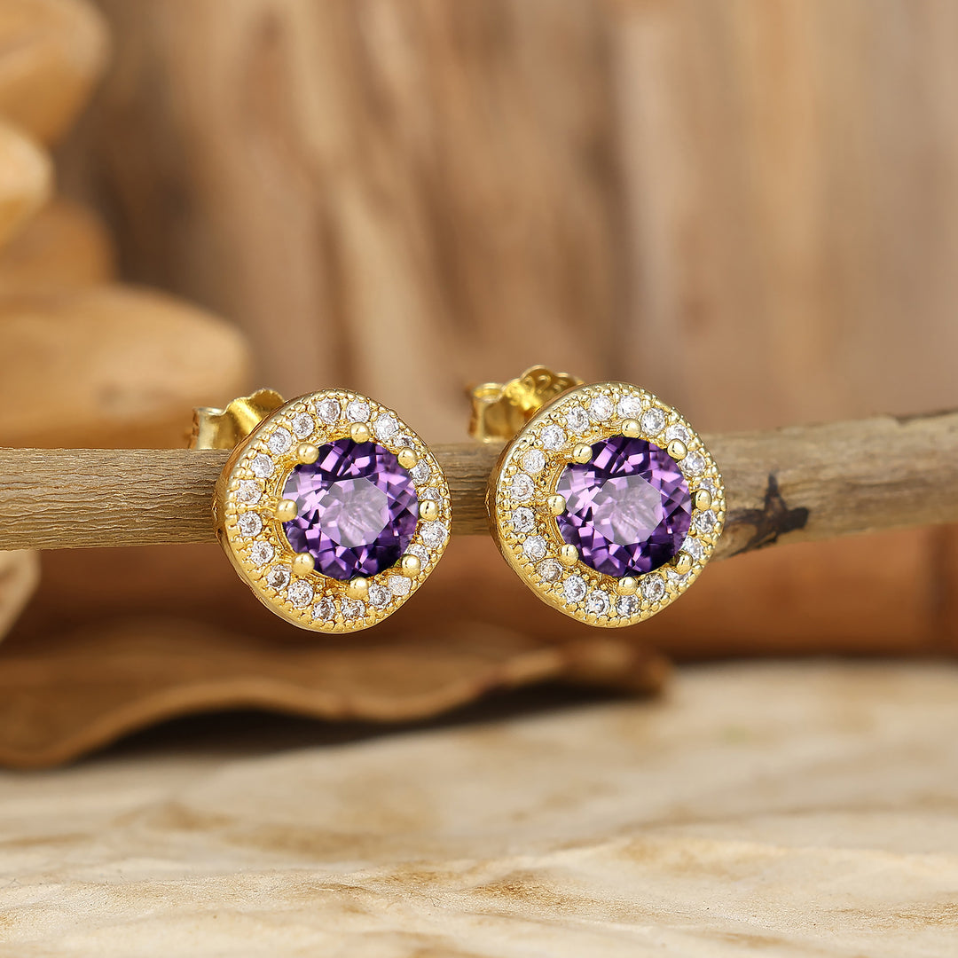 Halo Style Round Natural Amethyst Stud Earrings Classic Amethyst Studs Bridal Jewelry -  Esdomera.com