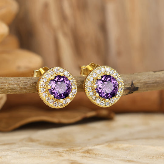 Halo Style Round Natural Amethyst Stud Earrings Classic Amethyst Studs Bridal Jewelry -  Esdomera.com