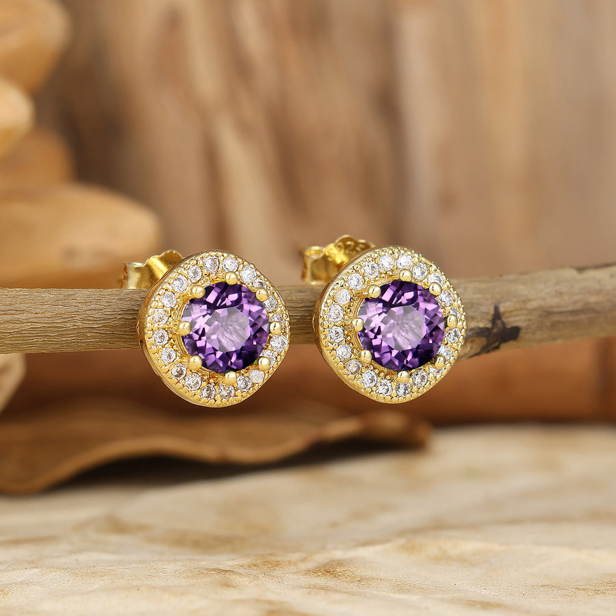 Halo Style Round Natural Amethyst Stud Earrings Classic Amethyst Studs Bridal Jewelry -  Esdomera.com