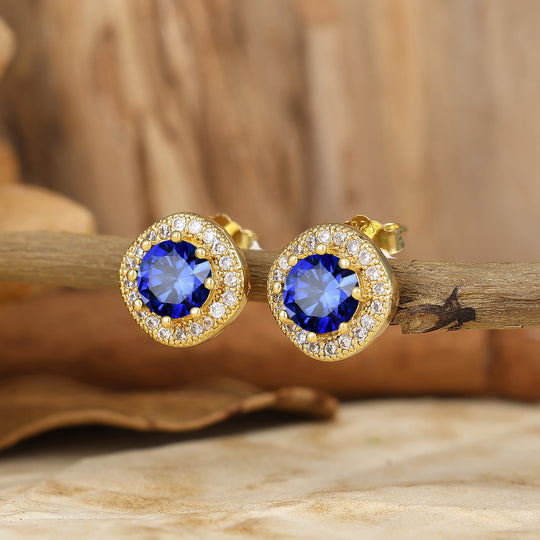 6mm Blue Sapphire Halo Stud Earrings Floral Bloom 14K Solid Gold Earrings For Her -  Esdomera.com