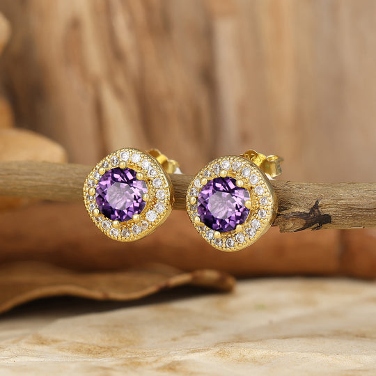 Halo Style Round Natural Amethyst Stud Earrings Classic Amethyst Studs Bridal Jewelry -  Esdomera.com