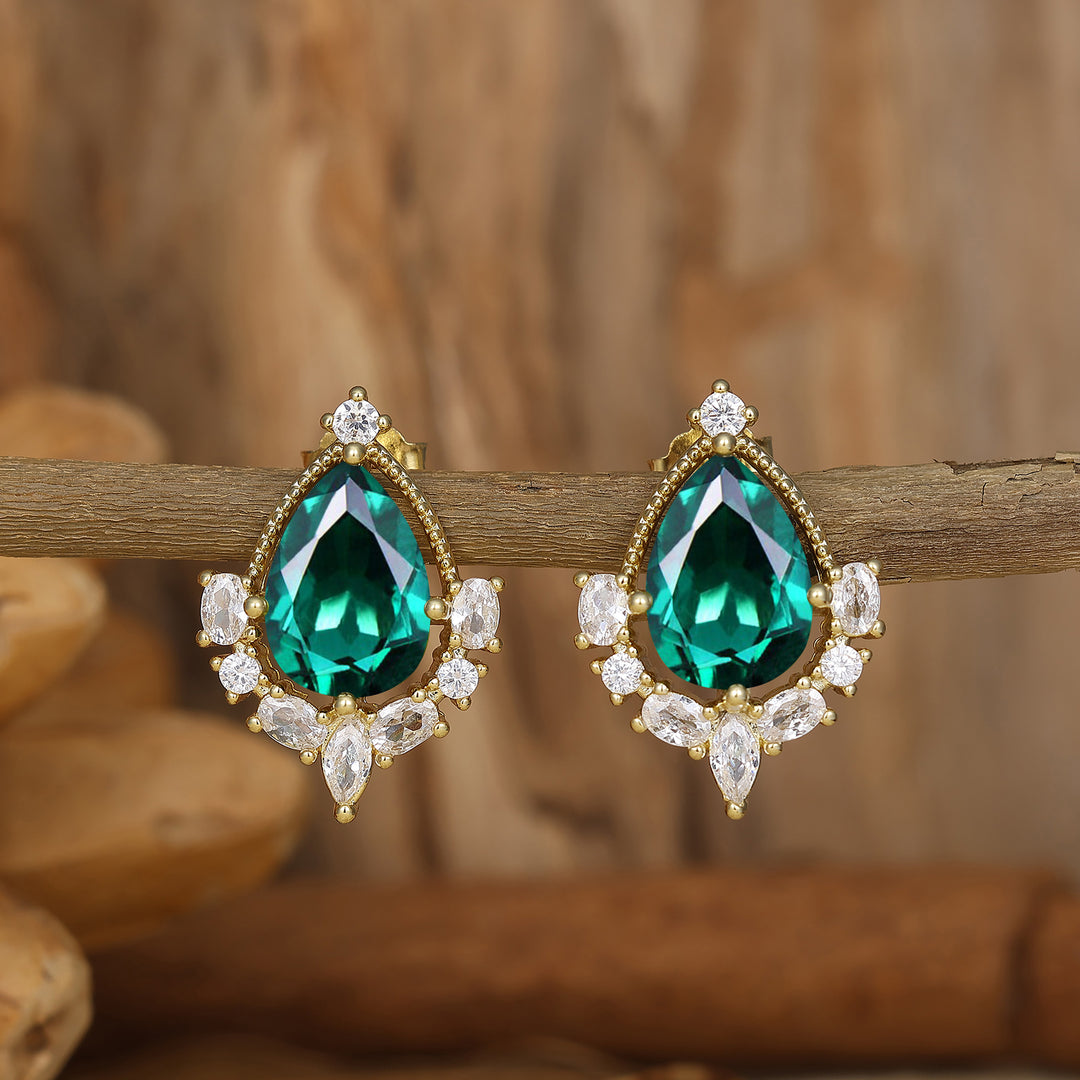 Elegant Pear Emerald Stud Earring Milgrain Wedding Earrings 14K Solid Gold Earring For Her -  Esdomera.com