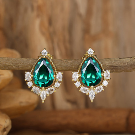 Elegant Pear Emerald Stud Earring Milgrain Wedding Earrings 14K Solid Gold Earring For Her -  Esdomera.com