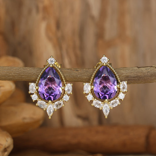 Teardrop Amethyst Milgrain Earrings 14K Yellow Gold Purple Amethyst Stud Earrings For Her -  Esdomera.com