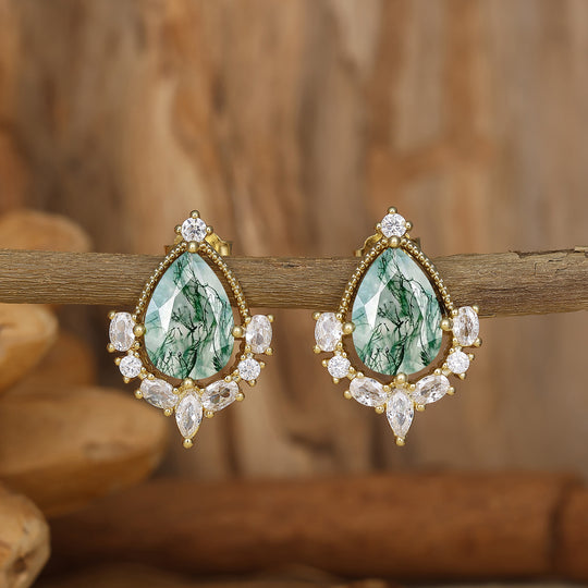 Art Deco Pear Natural Moss Agate Stud Earrings Drop Shape Earrings Women Birthday Earrings -  Esdomera.com