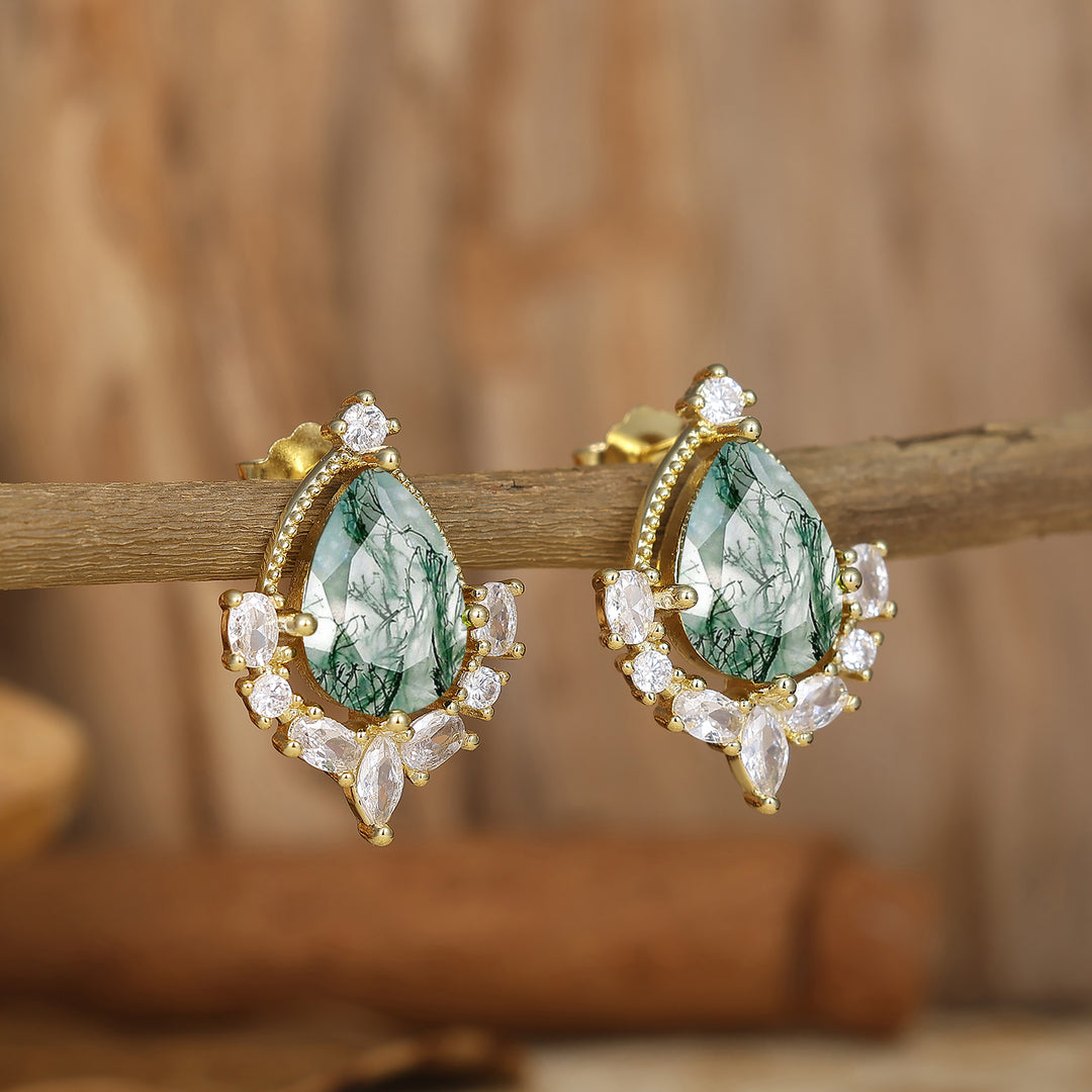 Art Deco Pear Natural Moss Agate Stud Earrings Drop Shape Earrings Women Birthday Earrings -  Esdomera.com