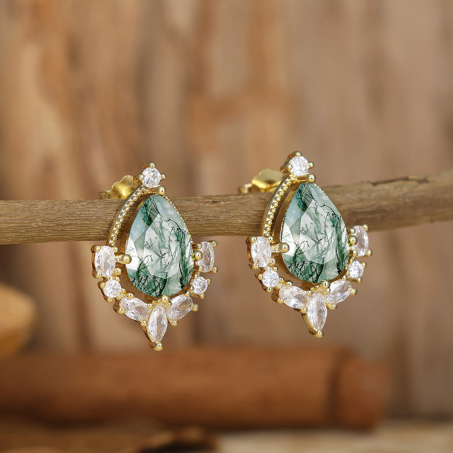 Art Deco Pear Natural Moss Agate Stud Earrings Drop Shape Earrings Women Birthday Earrings -  Esdomera.com