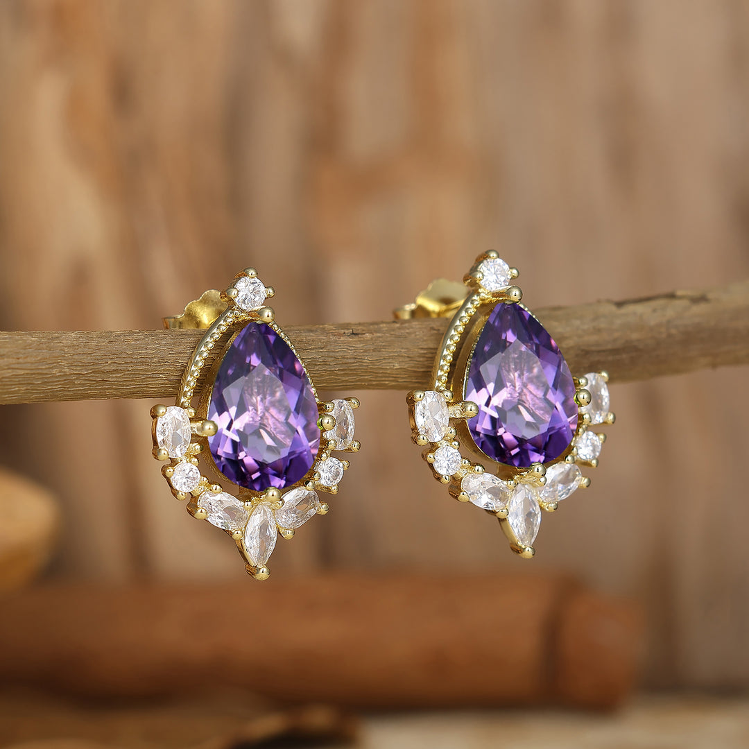 Teardrop Amethyst Milgrain Earrings 14K Yellow Gold Purple Amethyst Stud Earrings For Her -  Esdomera.com