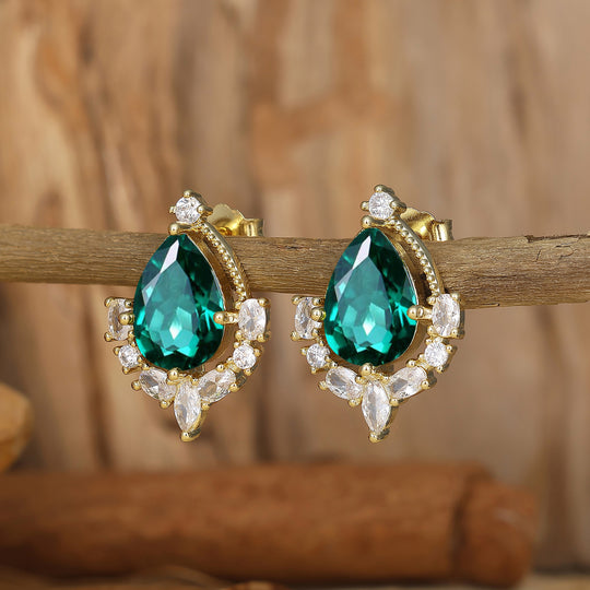Elegant Pear Emerald Stud Earring Milgrain Wedding Earrings 14K Solid Gold Earring For Her -  Esdomera.com