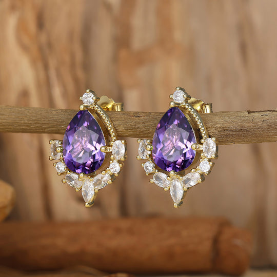 Teardrop Amethyst Milgrain Earrings 14K Yellow Gold Purple Amethyst Stud Earrings For Her -  Esdomera.com