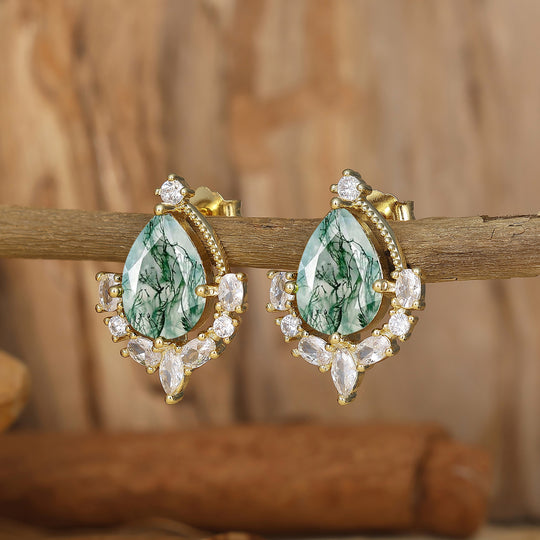 Art Deco Pear Natural Moss Agate Stud Earrings Drop Shape Earrings Women Birthday Earrings -  Esdomera.com