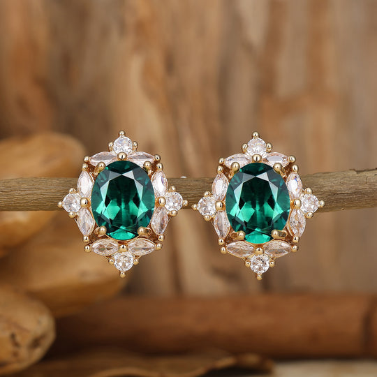 Elegant Cluster Oval Shape Emerald Studs 14k Rose Gold Stud Earrings For Her -  Esdomera.com
