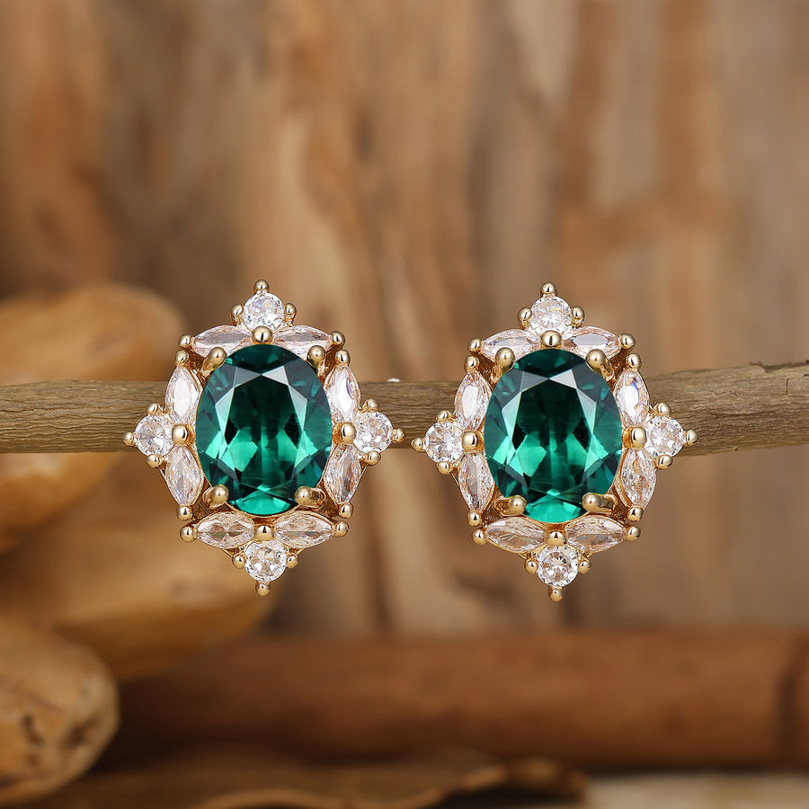 Elegant Cluster Oval Shape Emerald Studs 14k Rose Gold Stud Earrings For Her -  Esdomera.com