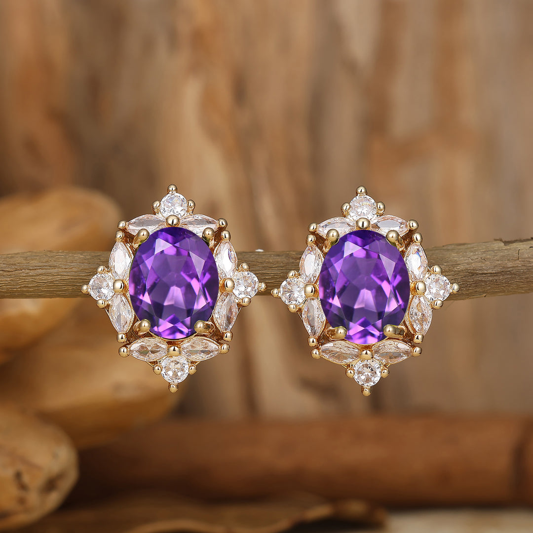 Oval Cut Amethyst Minimalist Floral Earrings Amethyst Solid Gold Flower Studs -  Esdomera.com
