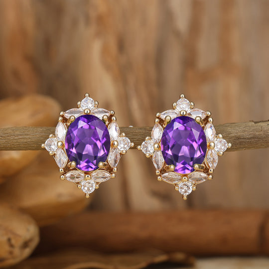 Oval Cut Amethyst Minimalist Floral Earrings Amethyst Solid Gold Flower Studs -  Esdomera.com