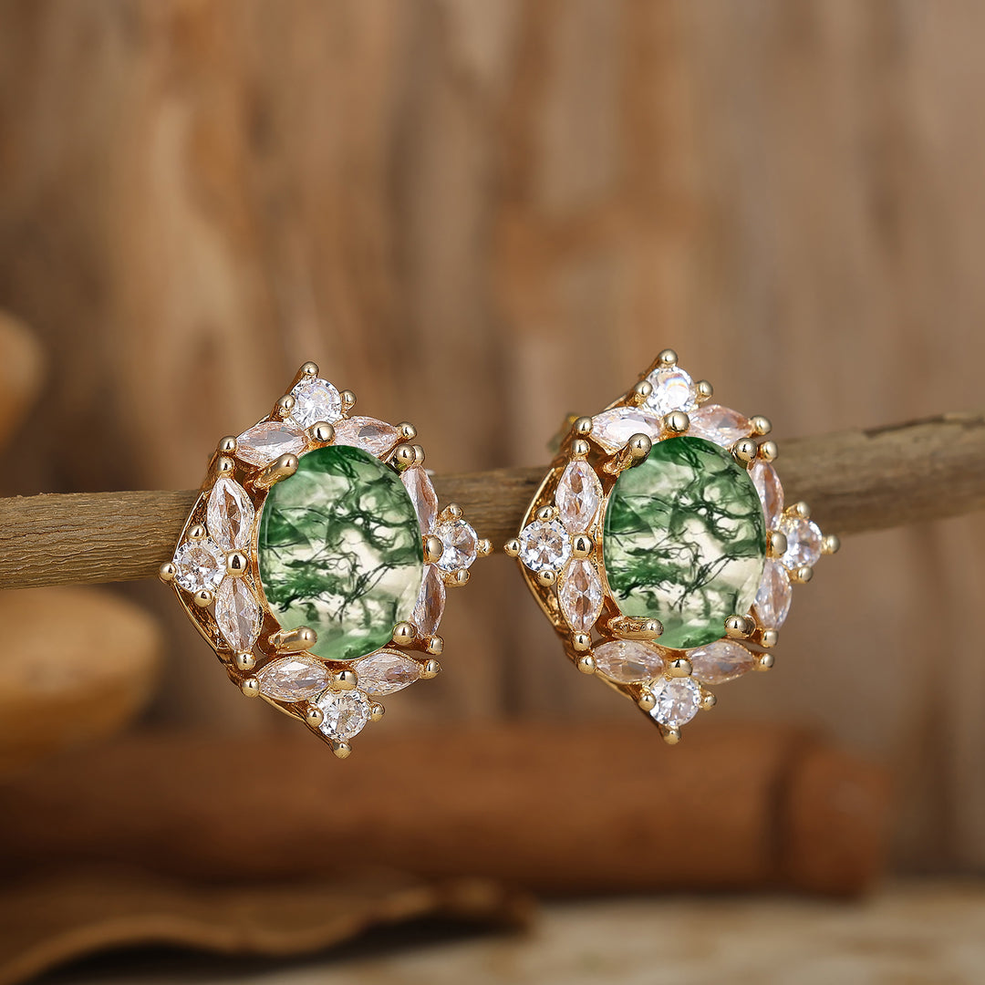 Handmade Natural Moss Agate Stud Earrings Flower Shape Earrings Halo Earrings -  Esdomera.com