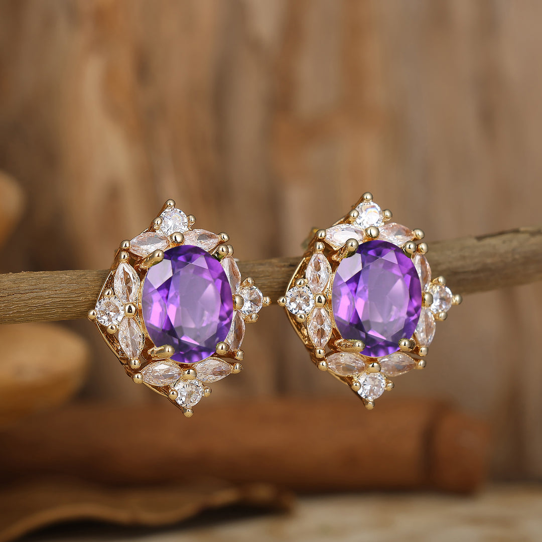 Oval Cut Amethyst Minimalist Floral Earrings Amethyst Solid Gold Flower Studs -  Esdomera.com