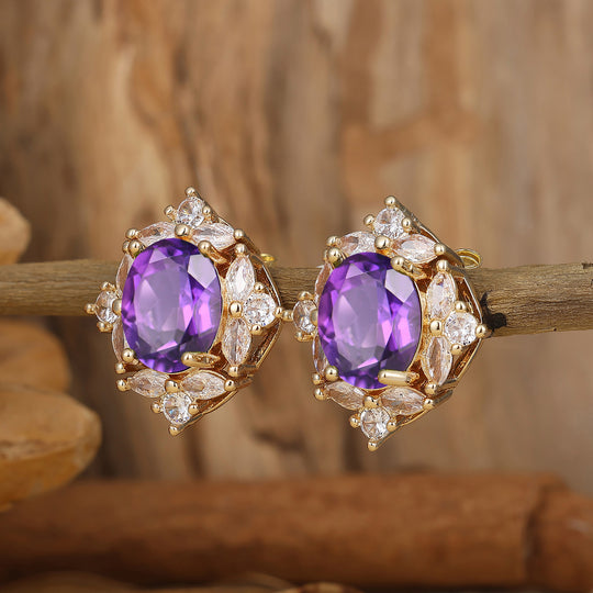 Oval Cut Amethyst Minimalist Floral Earrings Amethyst Solid Gold Flower Studs -  Esdomera.com