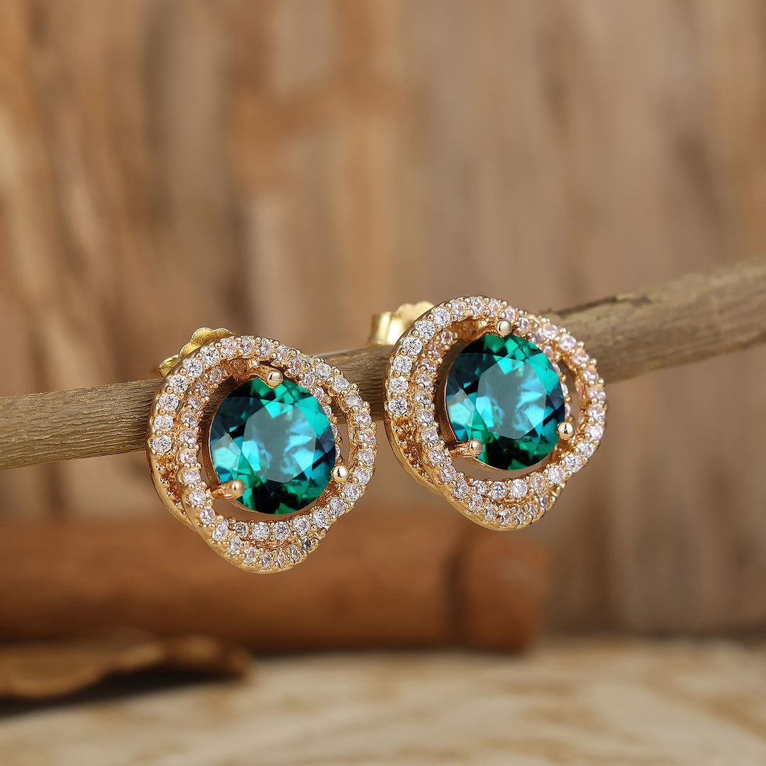 Unique Round Emerald Stud Earrings Intertwined Design 14K Gold Earrings For Her -  Esdomera.com