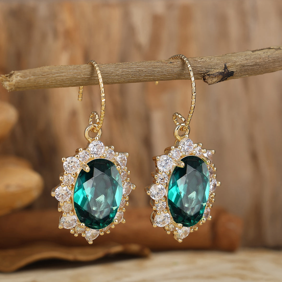 Art Deco Oval Emerald Hook Earrings Halo Setting Dangle Earring May Birthstone Earrings Gift For Her -  Esdomera.com
