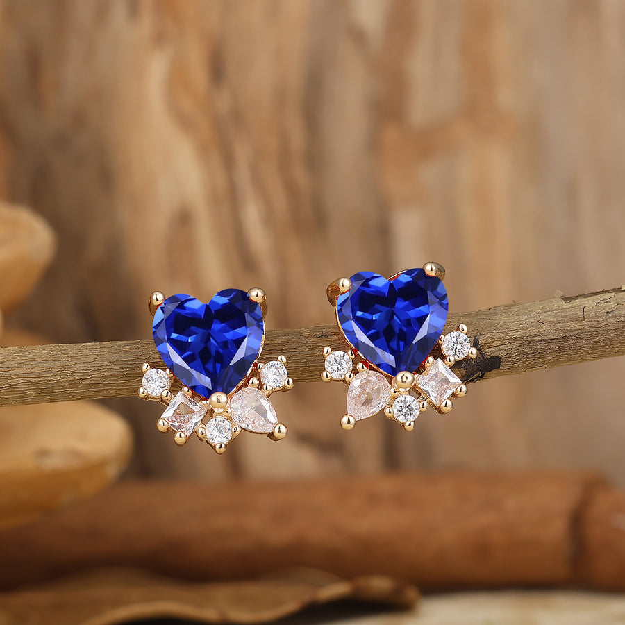 Heart-Shaped Sapphire Stud Earrings With Multi-Cut Simulated Diamonds Accents September Birthstone Earrings -  Esdomera.com