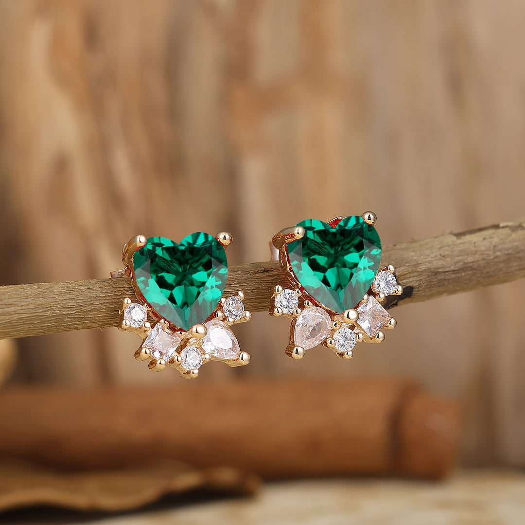 Elegant Heart Emerald 14K Solid Gold Stud Earrings Wedding Anniversary Gift for Her -  Esdomera.com