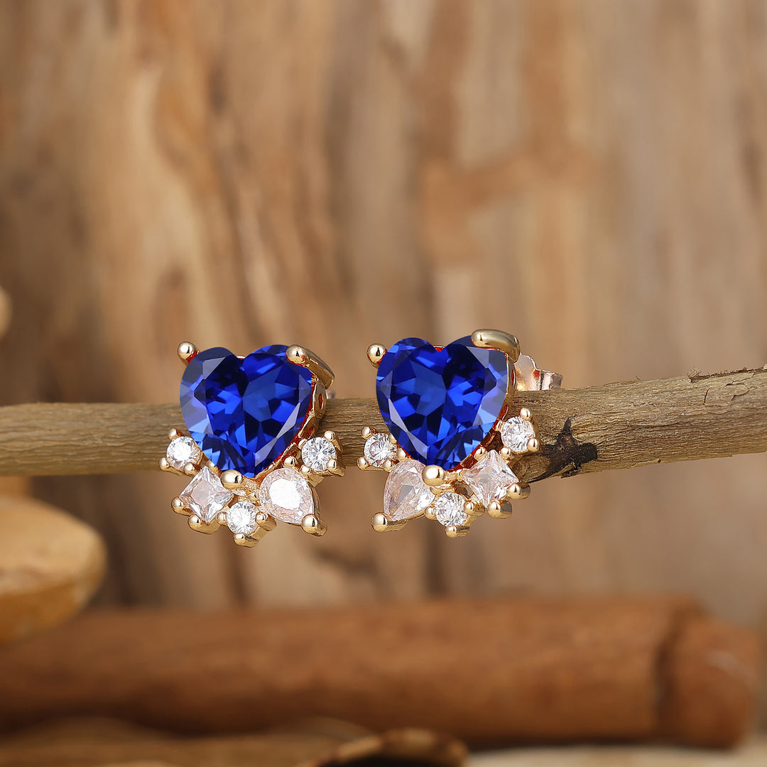Heart-Shaped Sapphire Stud Earrings With Multi-Cut Simulated Diamonds Accents September Birthstone Earrings -  Esdomera.com