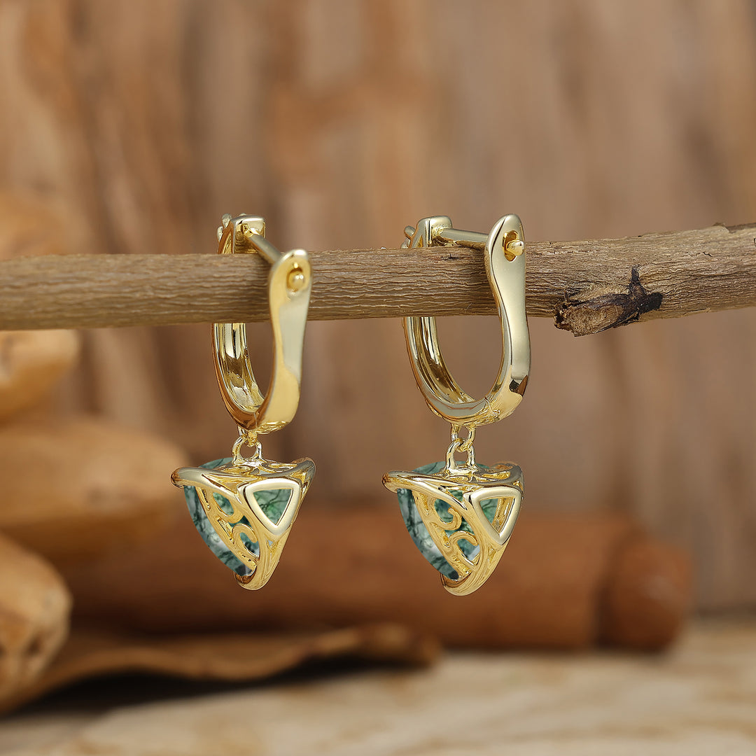 Trendy Fat Triangle Natural Moss Agate Dangle Earrings Engraved Floral Drop Earrings -  Esdomera.com