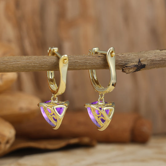 Vintage Fat Triangle Amethyst Drop Earrings February Birthstone Engraved Earrings -  Esdomera.com