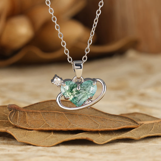 925 Sterling Silver Natural Moss Agate Heart Pendant Necklace 14K Gold Neckalce Perfect Birthday Gift