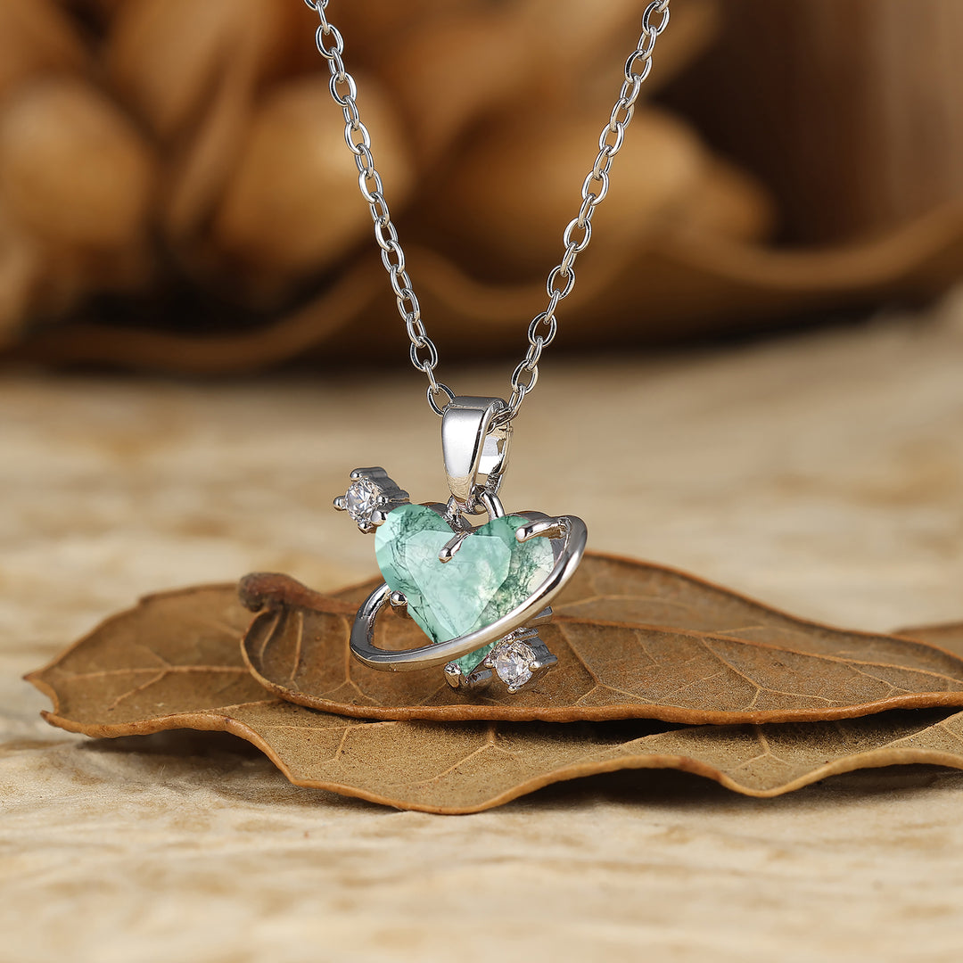 925 Sterling Silver Natural Moss Agate Heart Pendant Necklace 14K Gold Neckalce Perfect Birthday Gift
