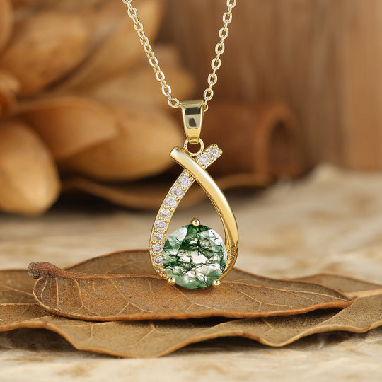 Collar colgante de ágata musgo con corte redondo delicado, collar nupcial de aniversario en oro macizo de 14K