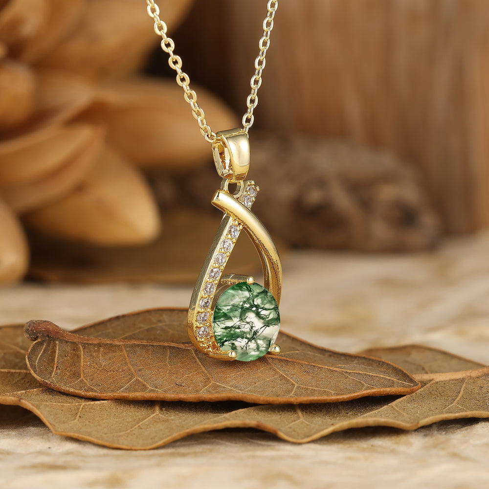 Dainty Round Cut Moss Agate Pendant Necklace 14K Solid Gold Anniversary Bridal Necklace