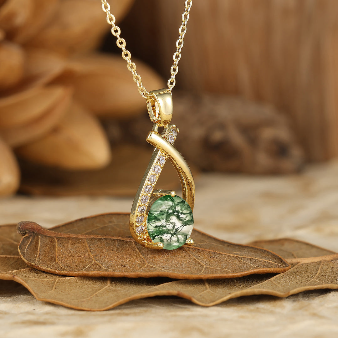 Collar colgante de ágata musgo con corte redondo delicado, collar nupcial de aniversario en oro macizo de 14K