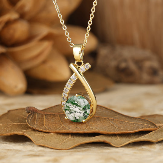 Collar colgante de ágata musgo con corte redondo delicado, collar nupcial de aniversario en oro macizo de 14K