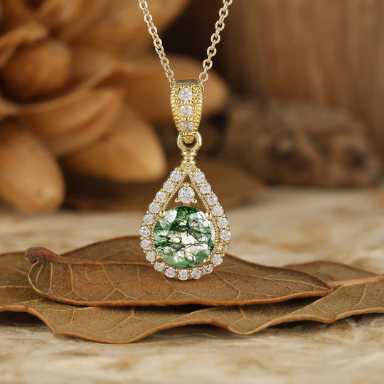 Collier en agate mousse avec pendentif goutte d'eau inspiré de la nature, coupe ronde, collier en agate mousse pour elle