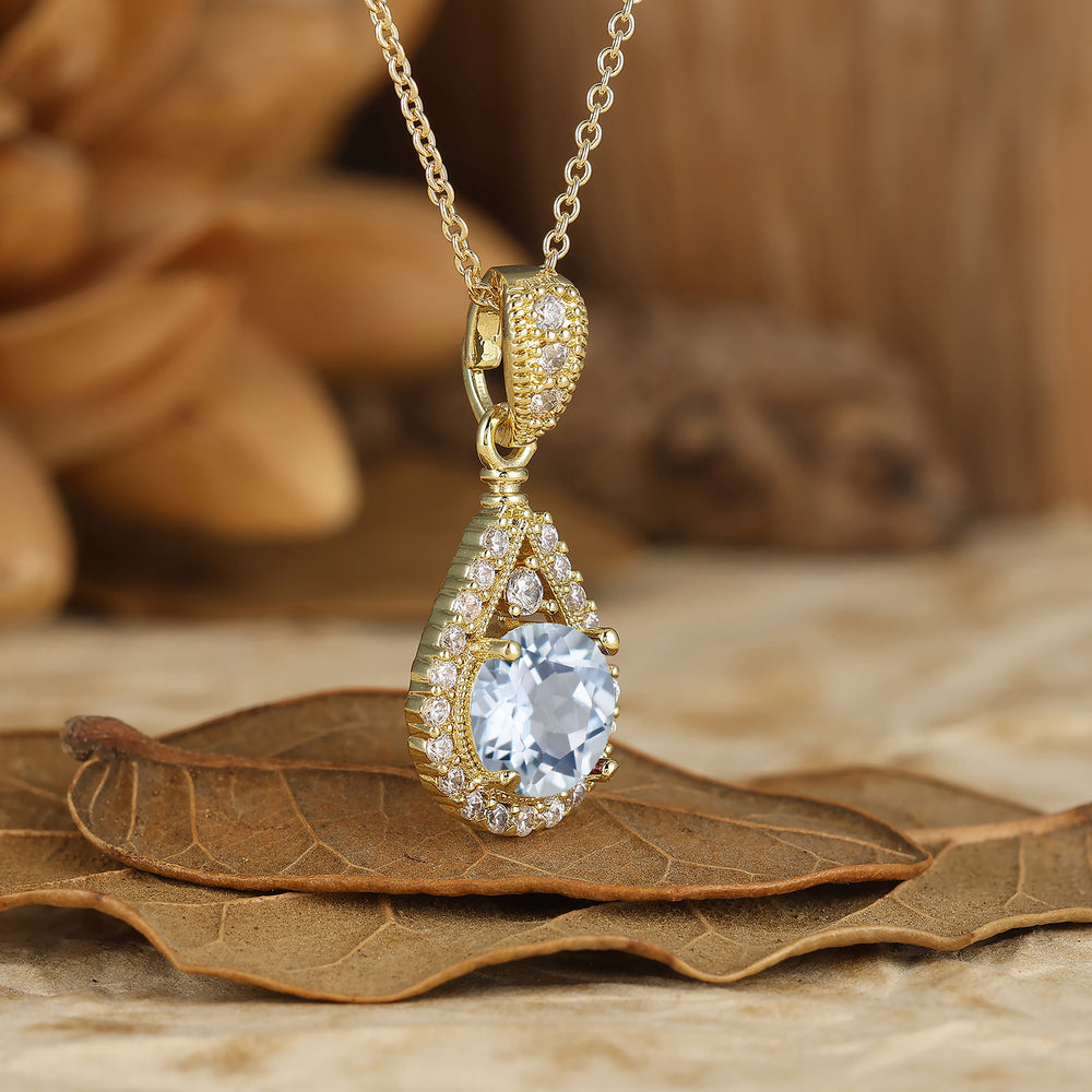 Vintage Round Aquamarine Pendant Necklace Teardrop Design Accents Women Necklace