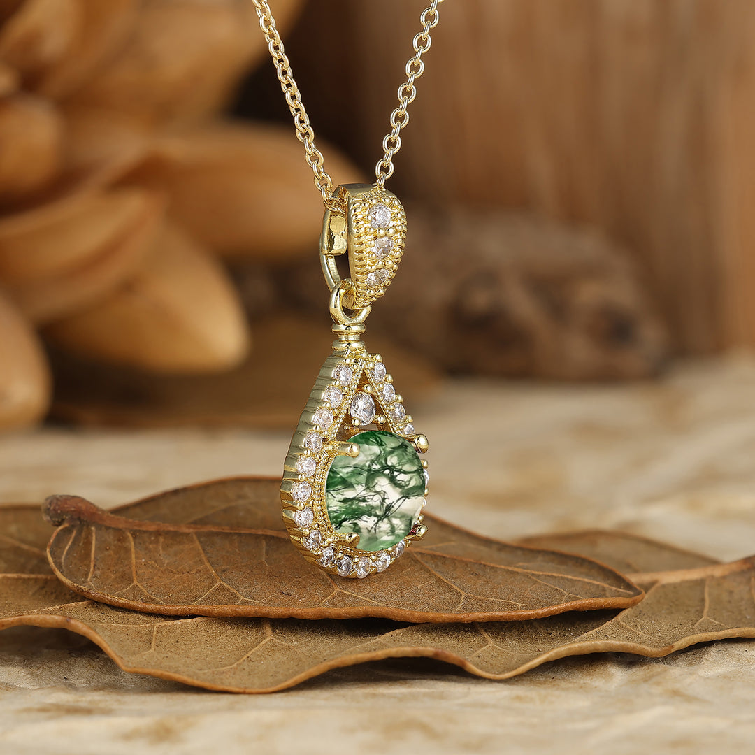 Collier en agate mousse avec pendentif goutte d'eau inspiré de la nature, coupe ronde, collier en agate mousse pour elle