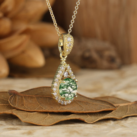 Collier en agate mousse avec pendentif goutte d'eau inspiré de la nature, coupe ronde, collier en agate mousse pour elle