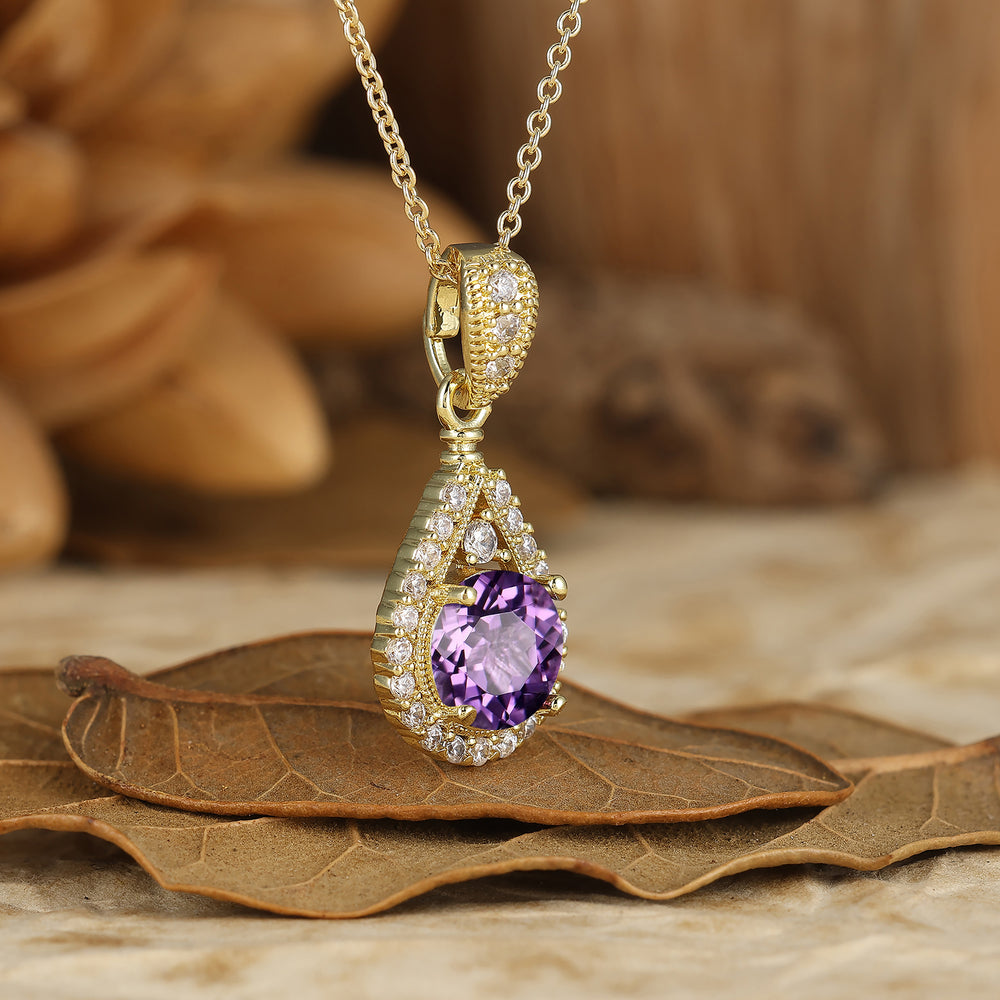 Elegant Round Cut Amethyst Pendant Teardrop Design Anniversary Women Necklace