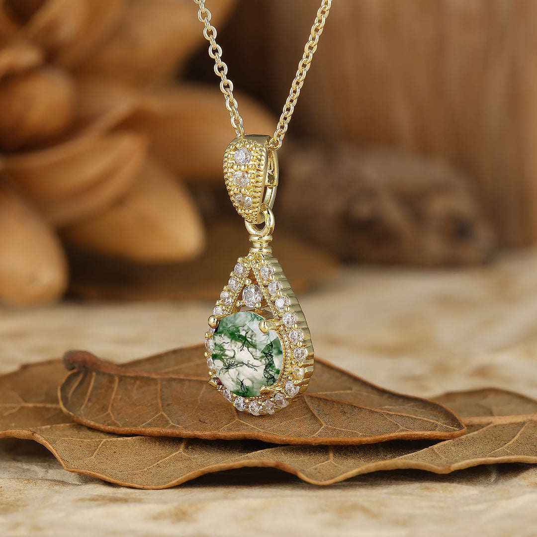 Collier en agate mousse avec pendentif goutte d'eau inspiré de la nature, coupe ronde, collier en agate mousse pour elle