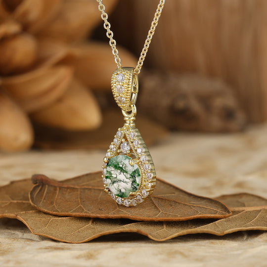 Collier en agate mousse avec pendentif goutte d'eau inspiré de la nature, coupe ronde, collier en agate mousse pour elle