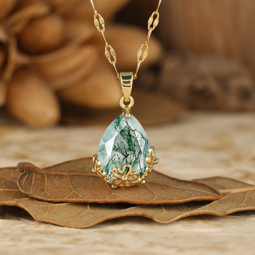 Elegant Gold Filigree Crown 1.5CT Pear Cut Moss Agate Pendant Necklace Anniversary Gift