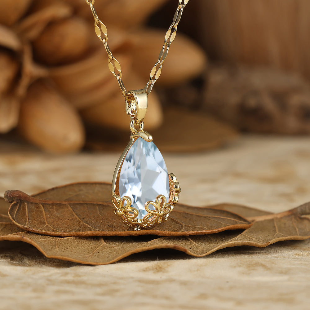 Floral Crown Base Setting Pear Cut Aquamarine Pendant Necklace Vintage Women Gold Necklace
