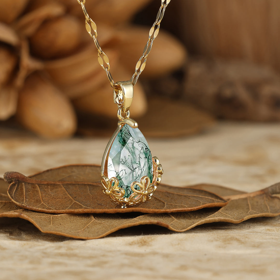 Elegant Gold Filigree Crown 1.5CT Pear Cut Moss Agate Pendant Necklace Anniversary Gift