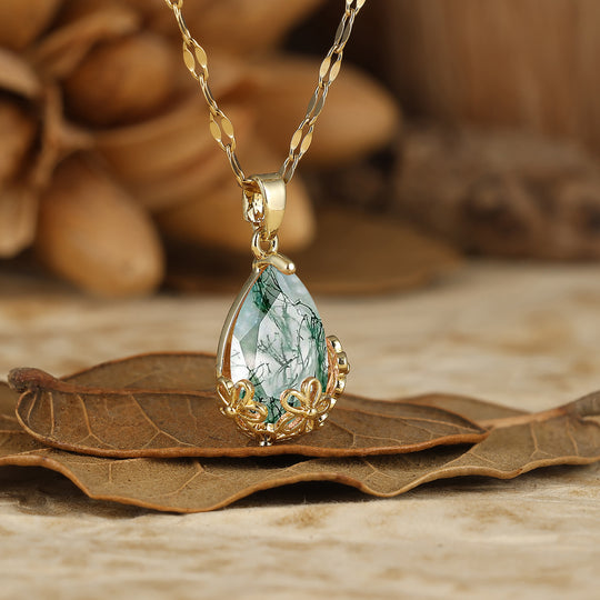 Elegant Gold Filigree Crown 1.5CT Pear Cut Moss Agate Pendant Necklace Anniversary Gift
