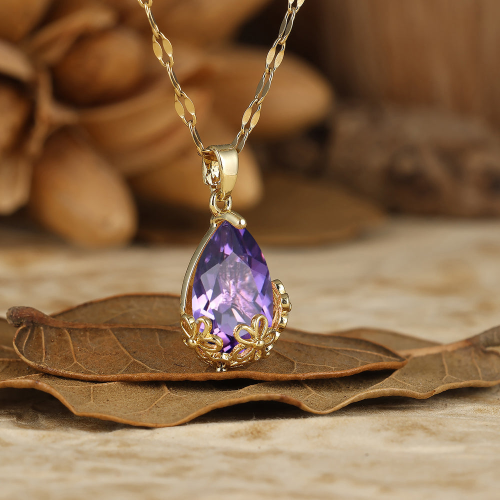 Royal Filigree Crown Design Pear Cut Natural Amethyst Pendant Necklace Anniversary Bridal Pendant