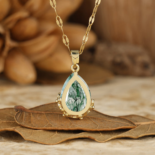 Elegant Gold Filigree Crown 1.5CT Pear Cut Moss Agate Pendant Necklace Anniversary Gift